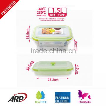 1500ml Foldable Silicone food container with PP lid , Platinum silicone, BPA FREE, FDA, LFGB, DGCCRF