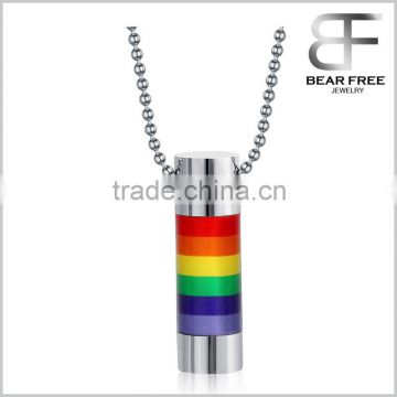 Men Women Pendant Necklace Stainless Steel Rainbow Enamel Pride Gay Lesbian LGBT Cylinder Equality