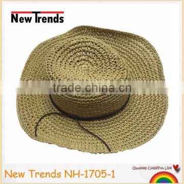 Natural color handmade paper straw wild trim floppy hat for summer