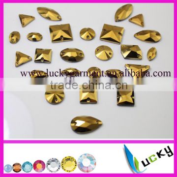 Hot sell golden / jet hemaitate color sew on crystals with holes flat back rhinestone mixed size and shape