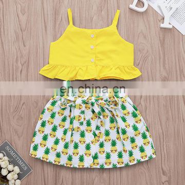 2019 Baby summer pineapple print girls yellow top t-shirt and ruffle skirt kit lovely newborn baby clothing set