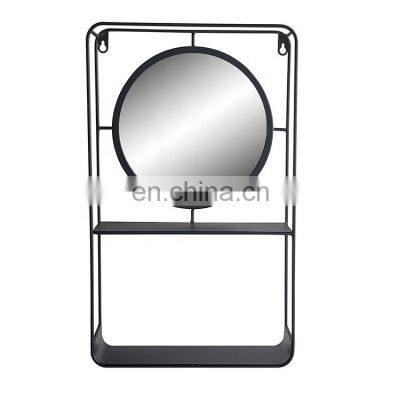 Modern hanging black round mirror home wall decorative metal wall shelf with round mirror