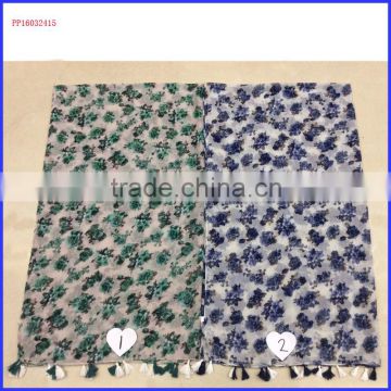 2016 green and blue flower printed shawl scarf with fringe