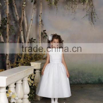 white satin off shoulder high neck beaded flower girl dress