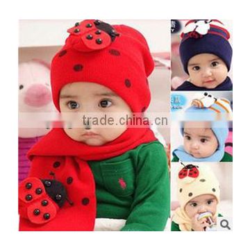 kids girls red hat&scarf two pcs cut design warming babies hat &scarf made by woollen yarn