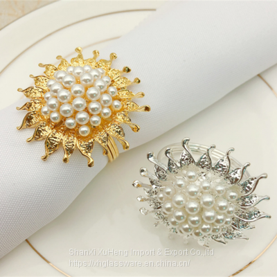 Hot Selling Shiny Gold Pearl Beaded Round Sun Flower Napkin Ring