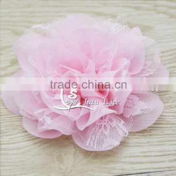 3.75 inch Chiffon Lace Flower in Pink - Solid chiffon flower with lace- Flower Head for Headbands and DIY Hair Accessories