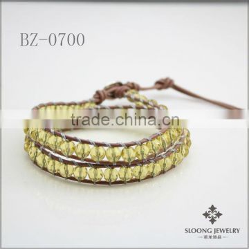 Handmade Crystal Beads Two Wrap Leather Bracelet