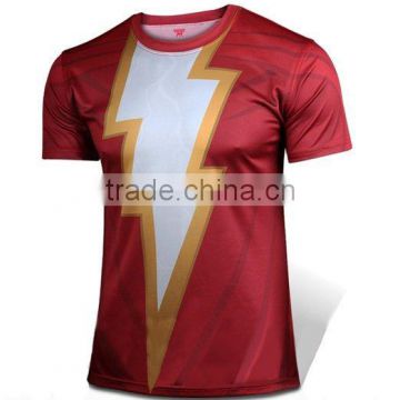 Polyester Spandex Short Sleeves Red Crew Neck Compression Shirt / Rash Guard with Flash design