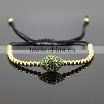 24k 4mm Brass Beads Boys and Girls Green Zirconia Evil Eye Bracelet Hand Chain for Men