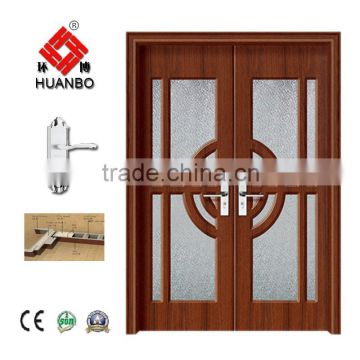Cheap high quality mdf pvc veneer wood economic double door with glass