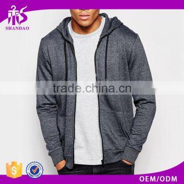 2016 shandao autumn casual men plain dyed marl gray polyester cotton fleece long sleeve zipper up thin custom blank hoodies