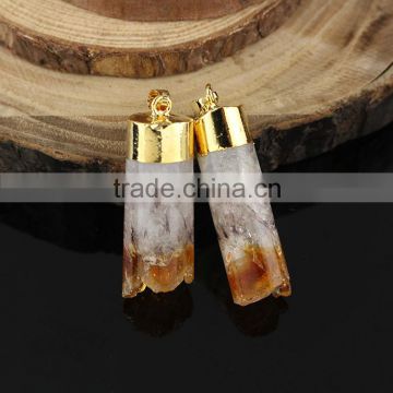 JF6887 Hot sale gold plated druzy citrine quartz cylinder column pendants with gold cap and bail
