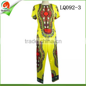 Fashion design african stretch fabric clothes shirts match pants for women and men suit in yellow