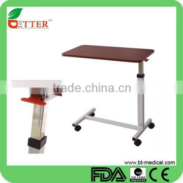 adjustable hospital wooden over bed table with wheels