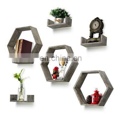 Wall Shelf Set of 6 - Rustic Wood 3 Hexagon Boxes and 3 Small Shelves for Free Grouping