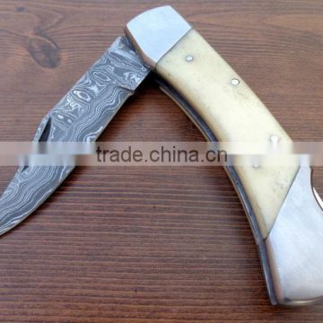 udk f60" custom handmade Damascus folding knife / pocket knife with camel bone and steel booster handle