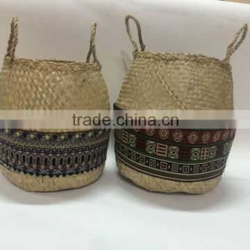 Hottest selling natural seagrass belly basket with blue brocade made in vietnam