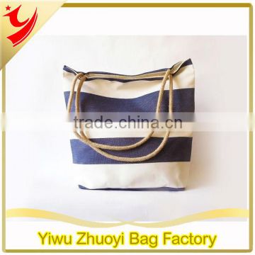 High Quality Sturdy Cotton Canvas Fabric Tote Shopping Bags With Navy Blue and White Stripes