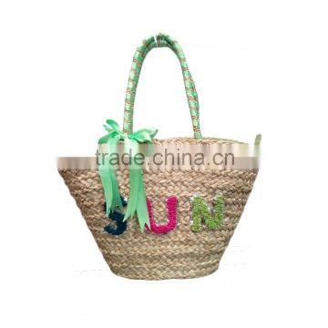 ECO-friendly large straw beach bag with green bow