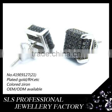 925 sterling silver fashion jewelry earring with black Zircon Stone, Screw needle square earring silver jewelry