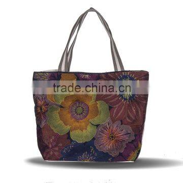 Linen Cotton Women Floral Embroidery Tote Bag Shopping Bag