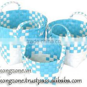Multi-color Plastic Woven Straps Round Basket, Set of 3
