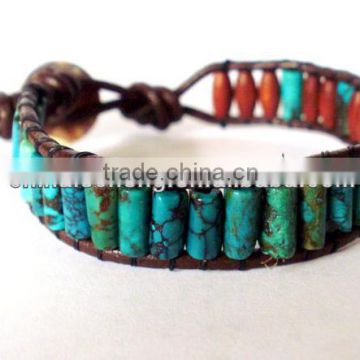 Beaded Leather wrap bracelet - blue turquoise stone with button clasp