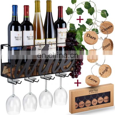 Wall Mounted Wine Rack - Bottle & Glass Holder - Cork Storage - Store Red, White, Champagne - Comes with 6 Cork Wine Charms