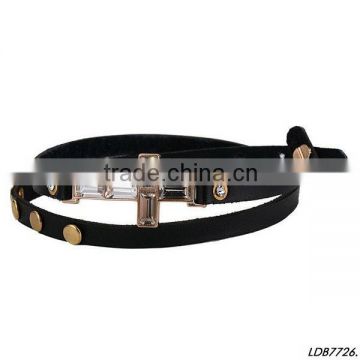Pave quartz wrapped black dermis bracelet fashion genuine leather bracelet