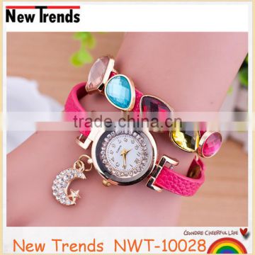 Best seller womens fashion moon rhinestone watches wrap leather wristwatch