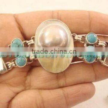 Masterpiece!! Sterling Silver Blister Pearl & Turquoise Bracelet Semiprecious Bulk Chain Wholesale Gems