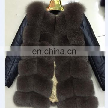 Fashion Outwear Medium-long Vest Fox Fur With Detachable Leather Sleeves Winter Waistcoat Jacket Coat