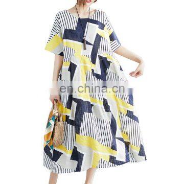 TWOTWINSTYLE Female Dresses Geometric Print Striped Hit Color 2020 Summer New Loose