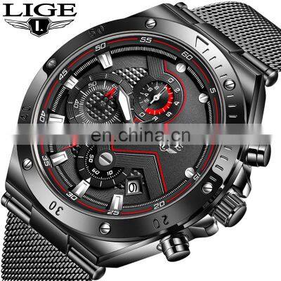 LIGE 8961 Men Fashion Chronograph Rose Gold Quartz Watch Brand Luxury Sport Watch Men Stainless Steel Waterproof Wristwatch