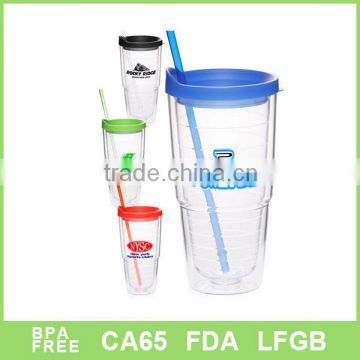 Double wall insulated plastic travel mugs with straws