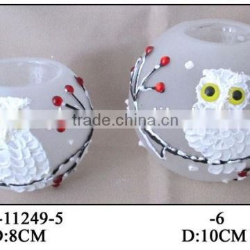 white glass round tealight holders with owl painting