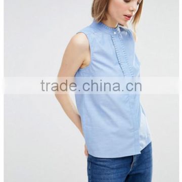 100% Cotton Ruffle Details Neck Sleevelss 2016 Summer designer blouses pictures Wholesale