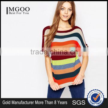 Cheap Price Rainbow Multi-color Colorful Sweater Slim Fit Casual Crew Neck Knit Top In Stripe Half Sleeves For Ladies