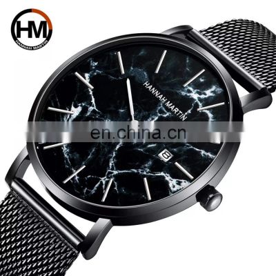 HANNAH MARTIN 1512 Mens Japan Quartz Watch Fashion Black Marbling wristwatch manufacture Men