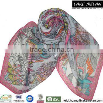 100% Polyester Lady's Woven Scarf With Bird & Plant Print For SS 16