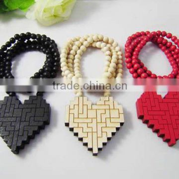Hip-Hop Good Quality Puzzle Heart Pendants Wood Rosary Ball Bead Necklaces