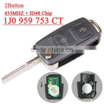 High Quality 1j0 959 753 CT 2 button Flip remote key with id 48 chip 433mhz for vw