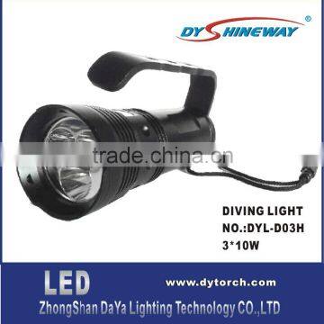 D03H super bright led diving light,XML 3*LEDS 30W,3500LM,12v,3*18650 LIION BATTERY RECHARGEABLE,100METERS WATERPROOF