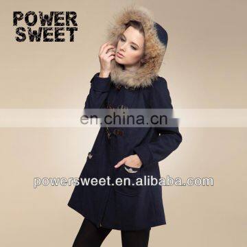 European style dark blue special botton lovely cap women winter formal coat