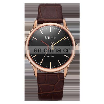 Utime Business Men's Watch Calendar Function Ultrathin Stainless Steel Case Genuine Leather Band Montre Homme U0002G