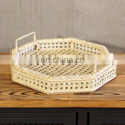 Hot Sale White Hexagon Rattan tray Coffee table Serving Tray for Table Handwoven Basket for Breakfast Wholesale