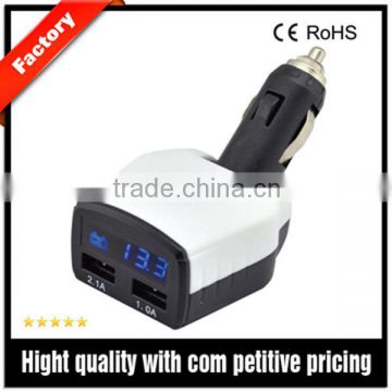 Dual USB ports car cigarette lighter charger and voltmeter with LCD panel,plugin car digital voltmeter