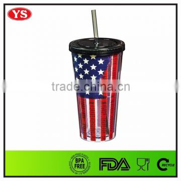 20 ounce Plastic double wall cup with straw and lid