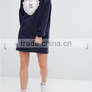 Cheap High neck Dropped shoulders Embroidered text Lace trim Fitted cuffs Oversized Sweat Dress With Frills Satin Patch